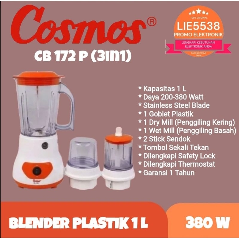 COSMOS CB-172P / CB 172 P Blender Plastik + Dry Mill &amp; Wet Mill 1L (3in1) GARANSI RESMI