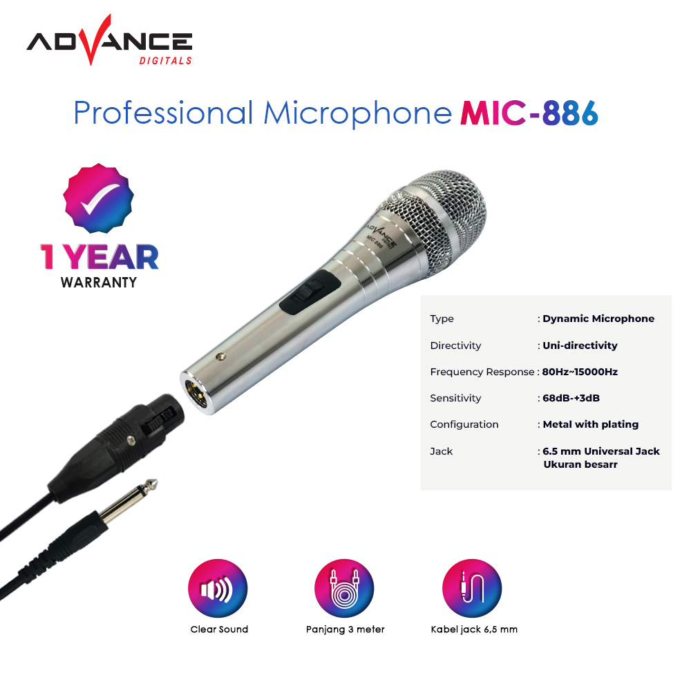 ADVANCE Microphone Profesional Dynamic Silver MIC-886 Mic Karaoke