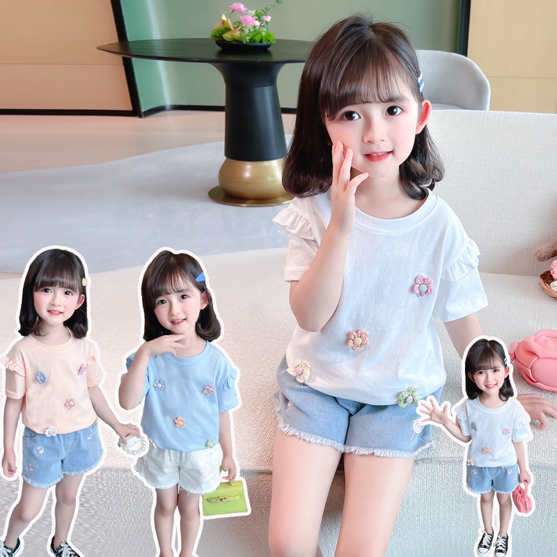 Kaos Anak Perempuan Impor Korea Fashion Lengan Pendek Motif Bunga