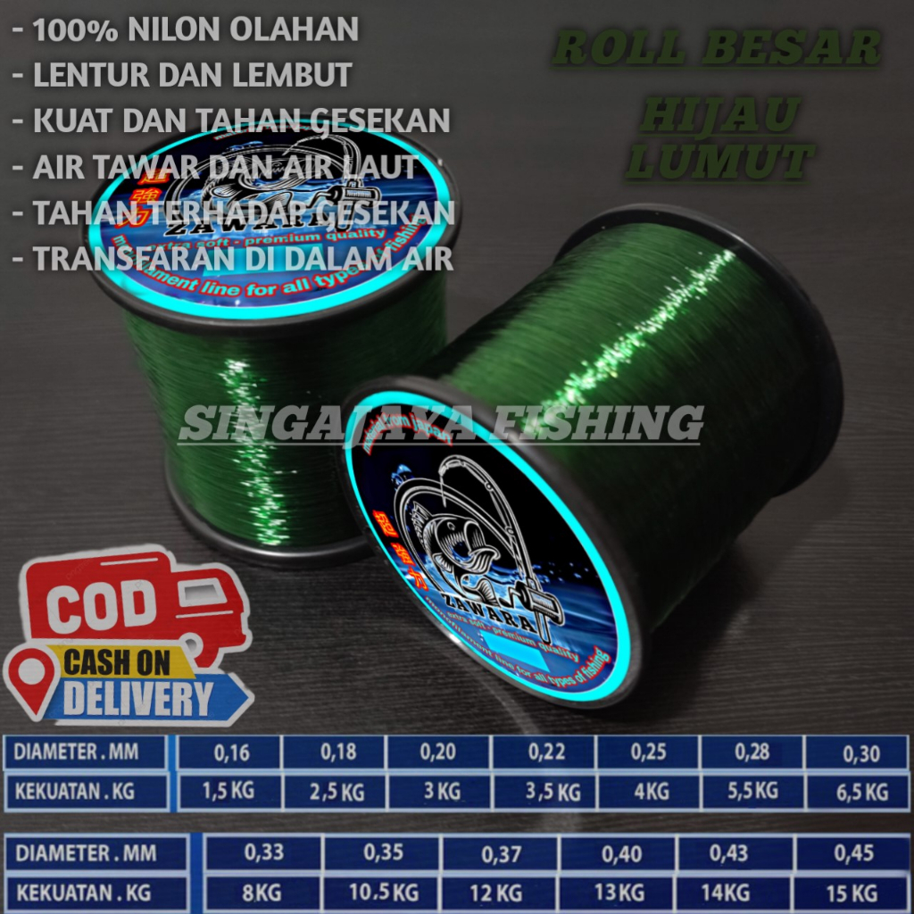 HIJAU LUMUT 1800METER senar pancing kecil super kuat anti keriting ZAWARA nilon olahan kuat 15kg