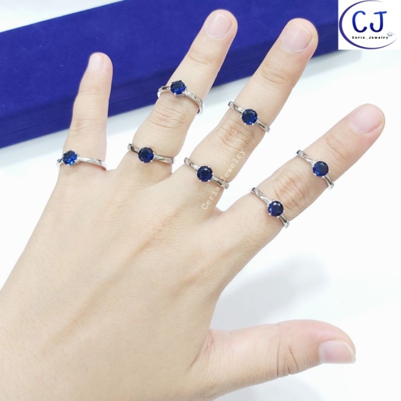 Cincin Perak Asli 925 Lapis Emas Putih Model Soliter Permata Putih Dan Permata Biru - Perhiasan Perak Asli