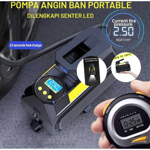 Hsc Pompa Ban Angin Mobil Portable Pompa Udara Air Compressor Portable + Senter Led Tire Pump 150 PSI