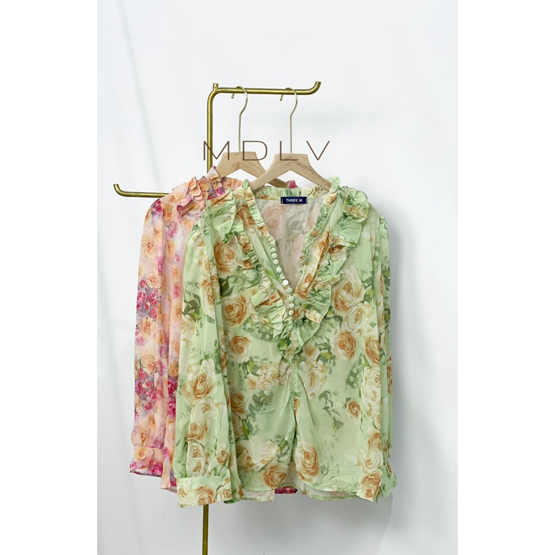 MDLV ~ 7700# Soyya Raffled Blouse Flower korea