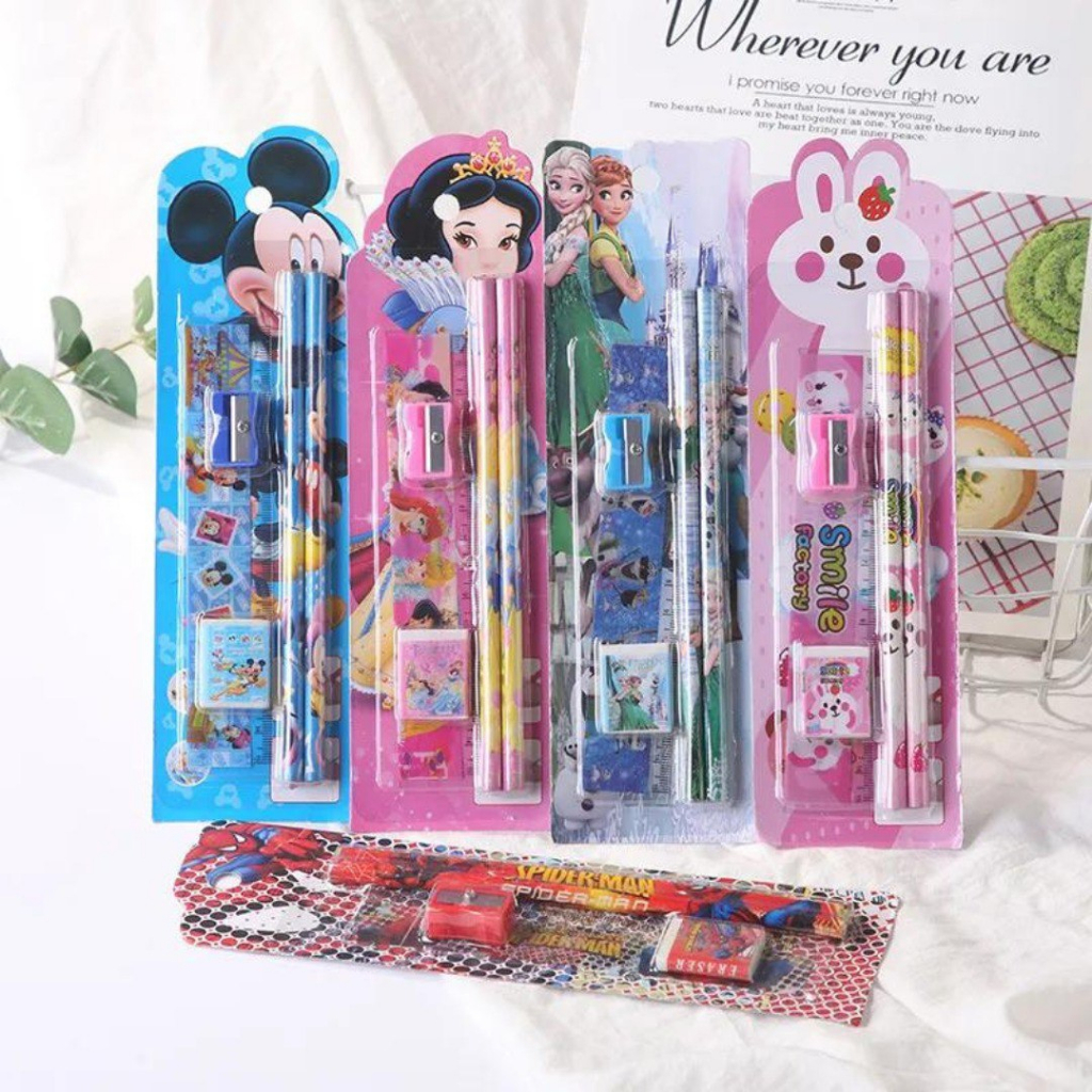 Alat Tulis Set Mini Stationary Set Sekolah 5 in 1 Pensil Set Karakter 5 in 1 Kartun