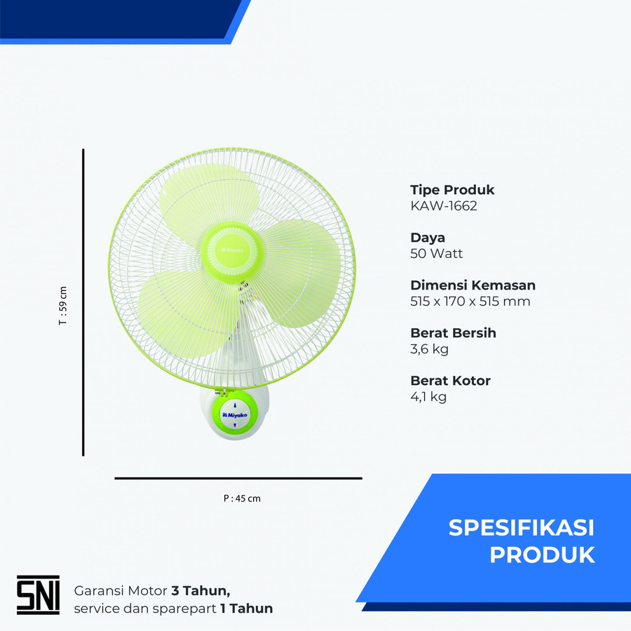 MIYAKO Kipas Angin Wall Fan 16&quot; / Kipas Dinding 16 Inch KAW 1662 GB - Jaring Besi