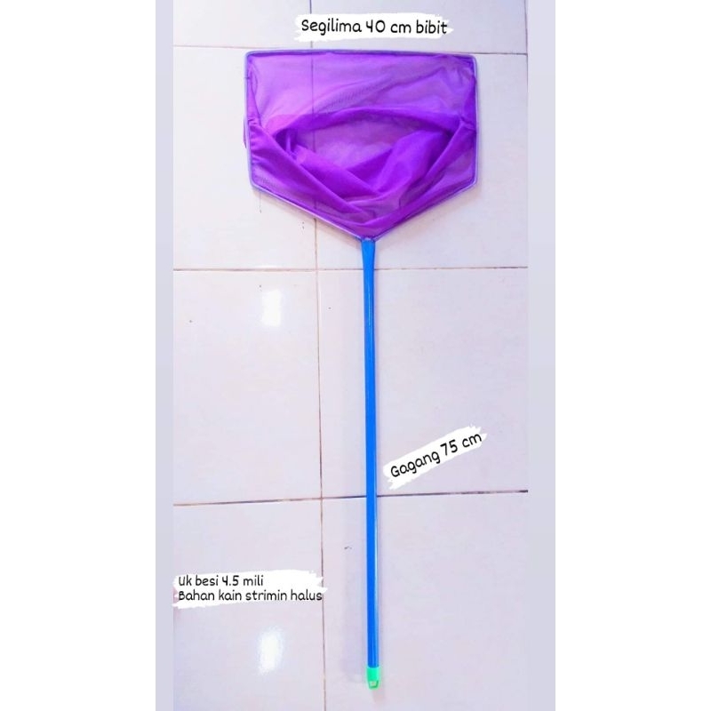 seser ikan kain setrimin halus 40cm..gagang pipa besi 75 cm