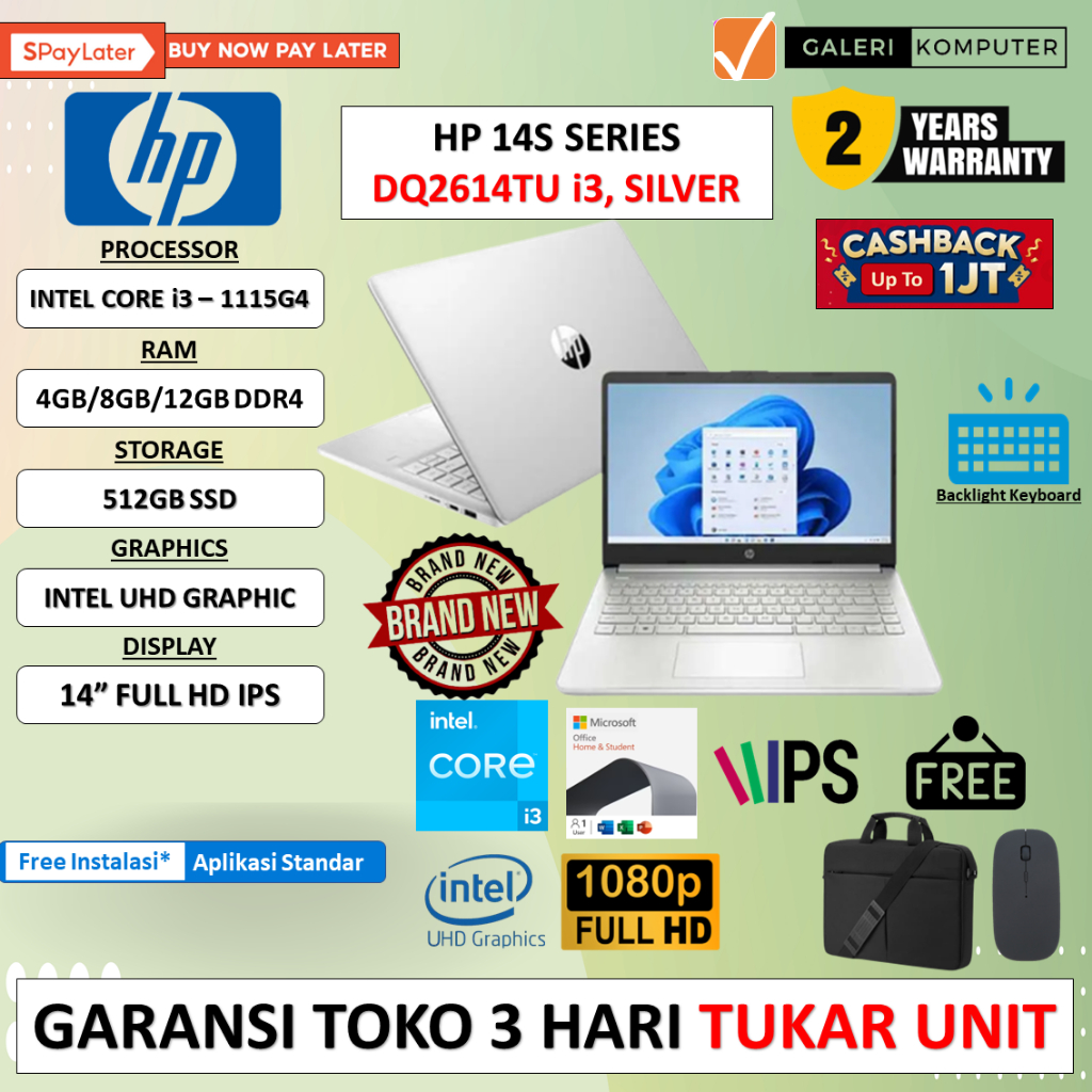 LAPTOP HP 14S DQ2614TU INTEL CORE i3 1115G4 12GB 512GB SSD FHD IPS WINDOWS 11 HOME