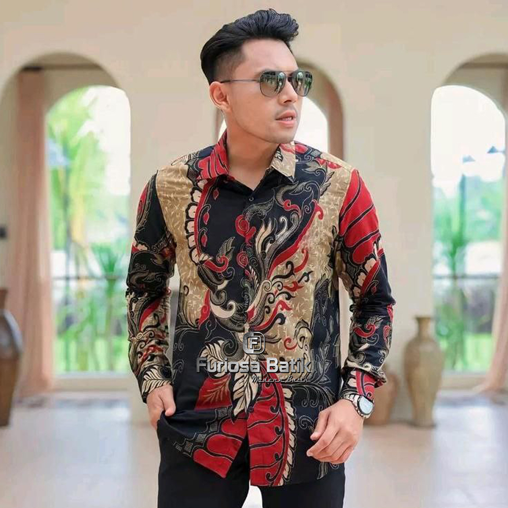 FURIOSA BATIK MAHKOTA MERAH BAJU BATIK PRIA KEMEJA BATIK PRIA LENGAN PANJANG UKURAN M L XL XXL