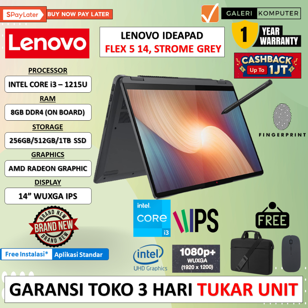 LAPTOP 2IN1 MURAH LENOVO IDEAPAD FLEX 5 14 INTEL CORE i3 - 1215U 8GB 256GB 14&quot; WUXGA IPS TOUCH WINDOWS 11 HOME