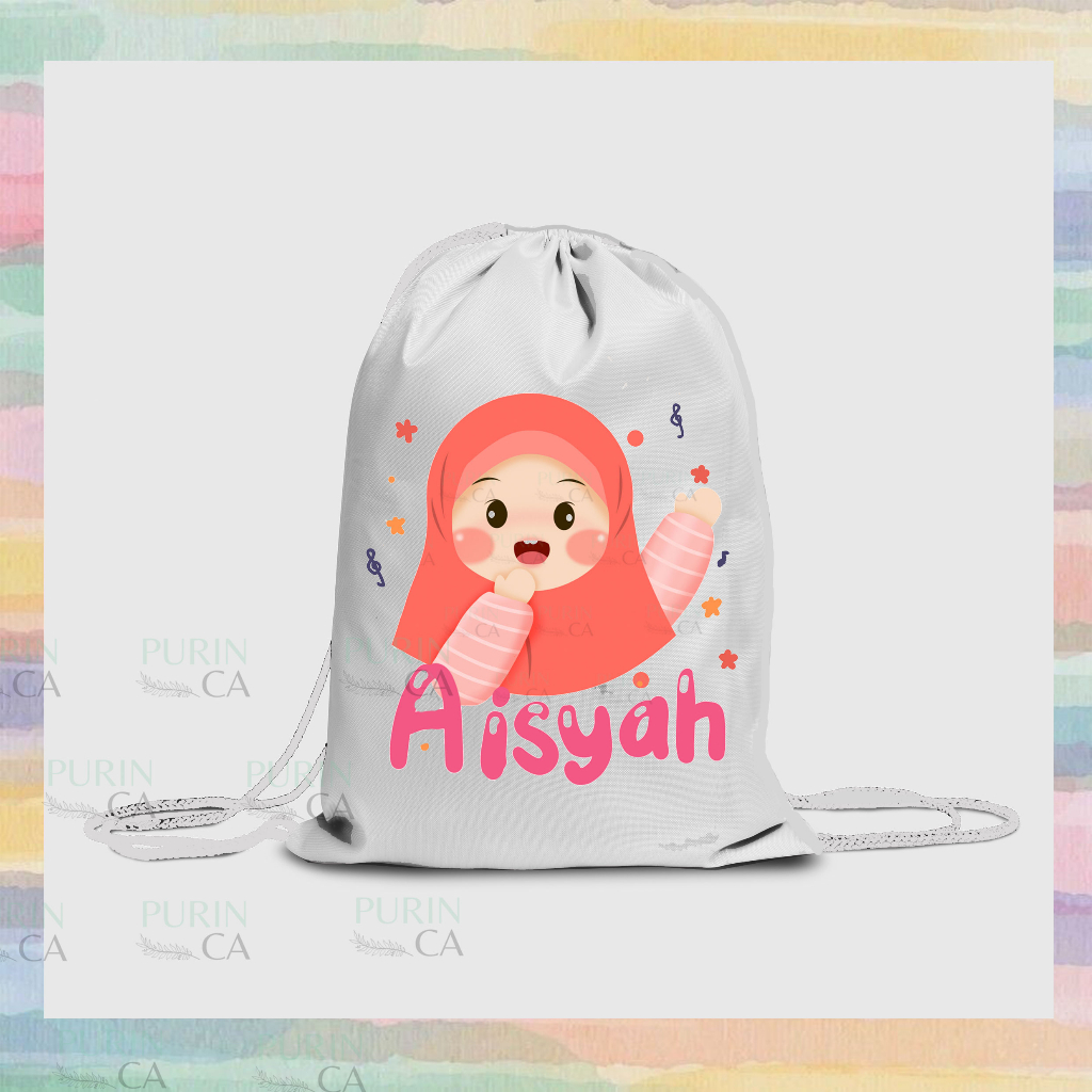 (BACA DESKRIPSI) Tote bag / Tas Serut Kanvas Karakter Anak Muslim Lucu Custom Nama