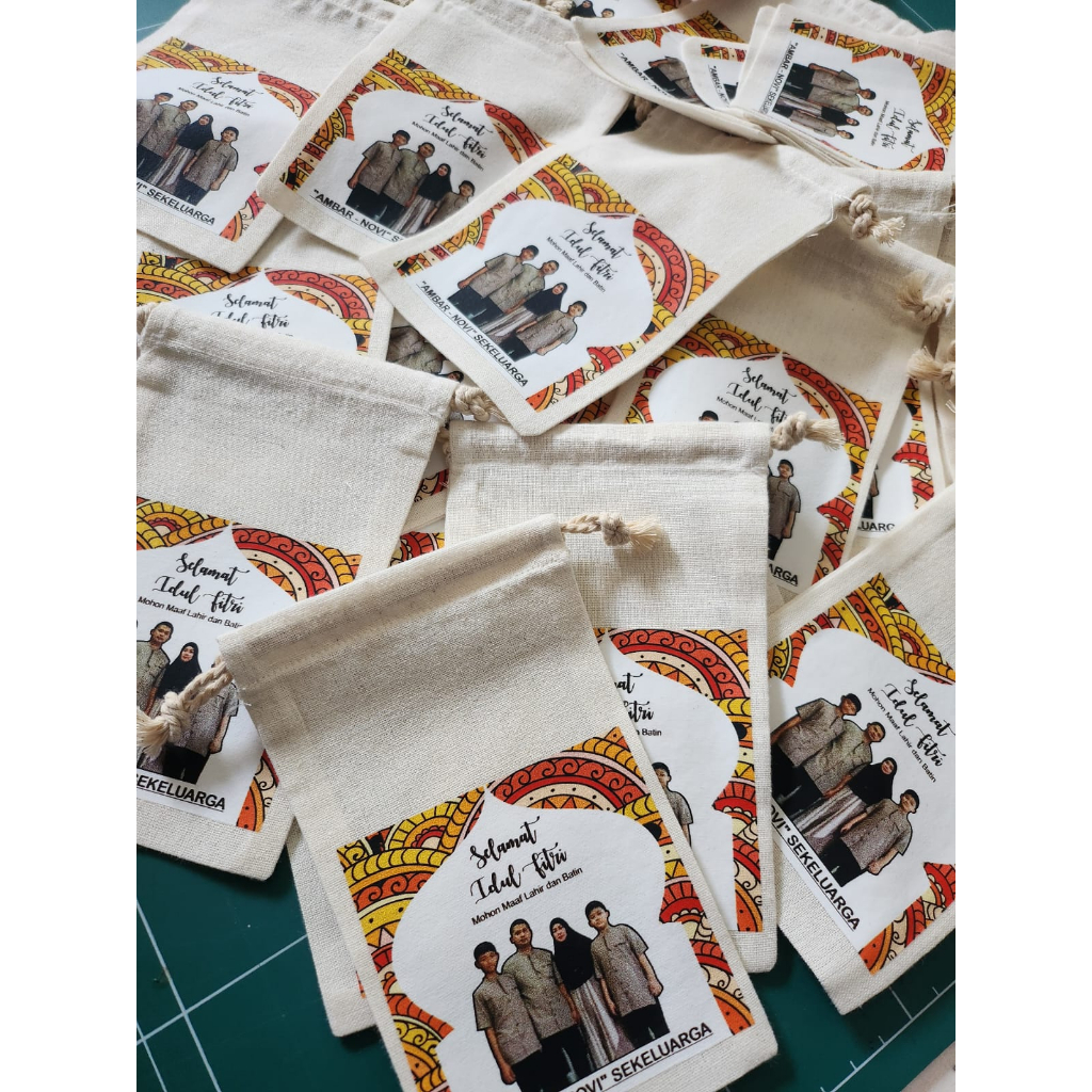 pouch serut IDUL ADHA blacu custom tambah nama/ pouch hampers serut / tas serut blacu tambah foto