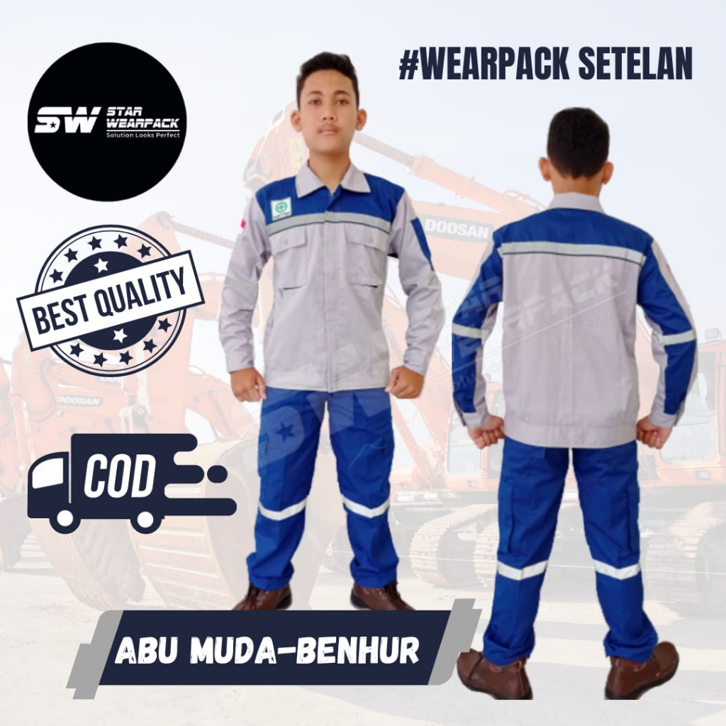 Star Wearpack - Seragam Kerja Lapangan Setelan Baju &amp; Celana Abu Muda Kombinasi Benhur