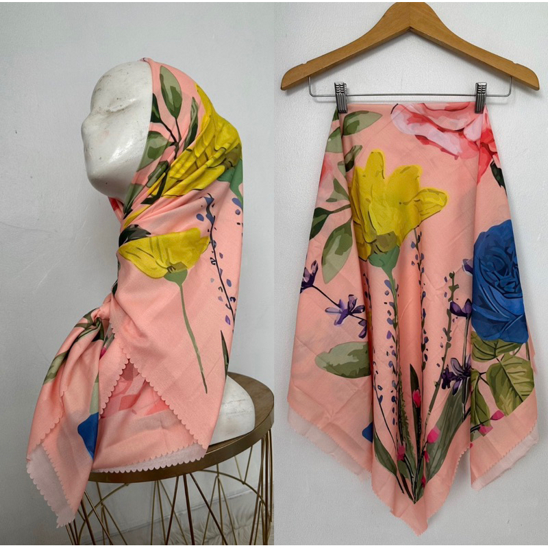 SADEAN HIJAB VOAL MOTIF BUNGA LUKISAN DASAR PEACH//HIJAB SEGI EMPAT MOTIF TERBARU//BISA COD