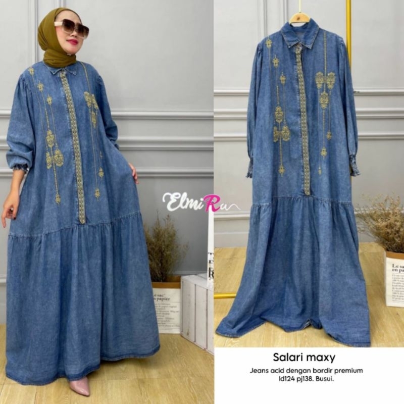 Orleans Midi Dress Maxy Gamis Susun Ruffle Rempel Jeans Snow Bordir Bunga Ld 130 Super Jumbo Fit XXX