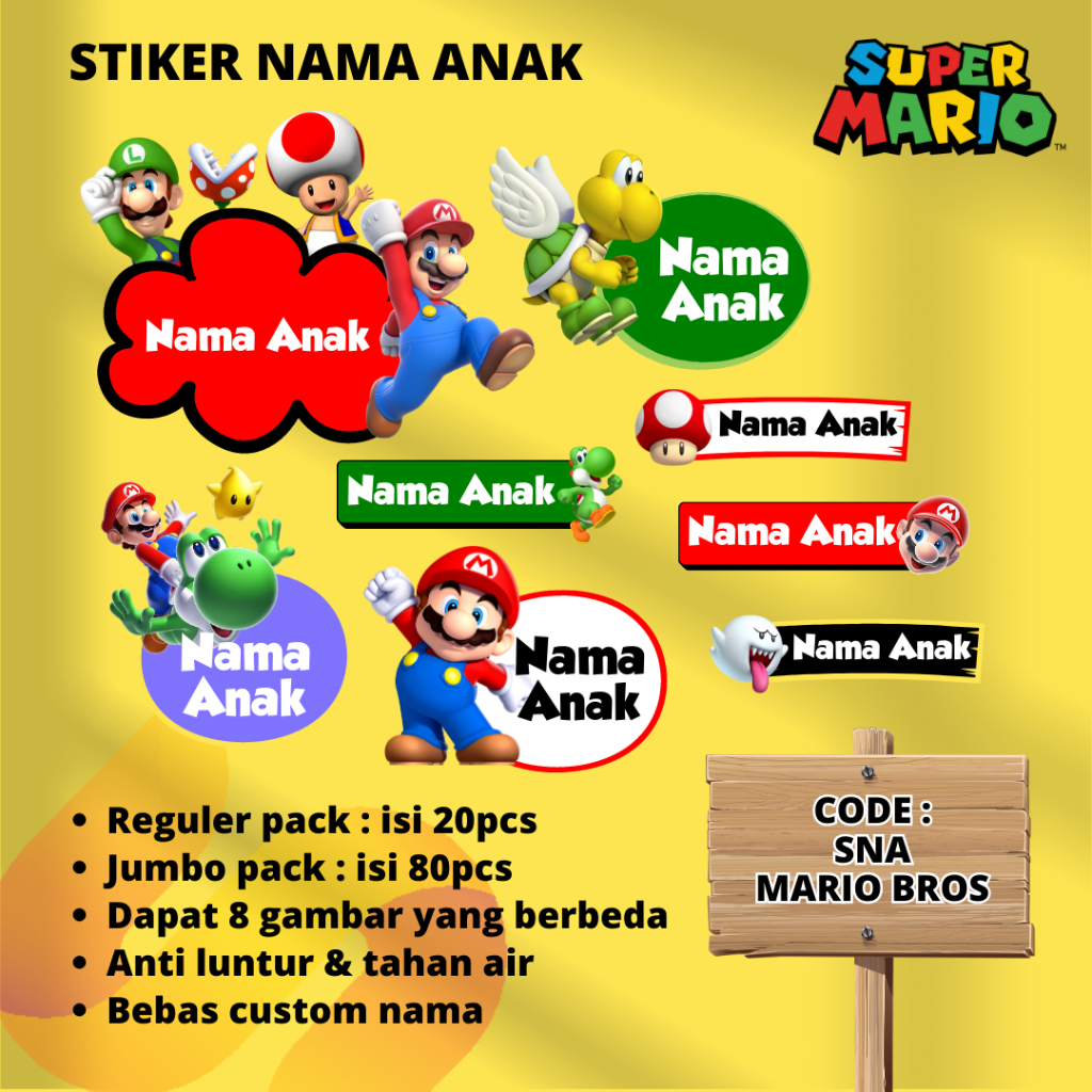 

MARIO BROS | STIKER NAMA ANAK BISA CUSTOM | SUN PRINTING