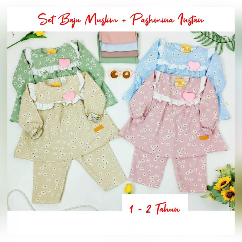 Setelan Baju Muslim dan Hijab Anak Perempuan