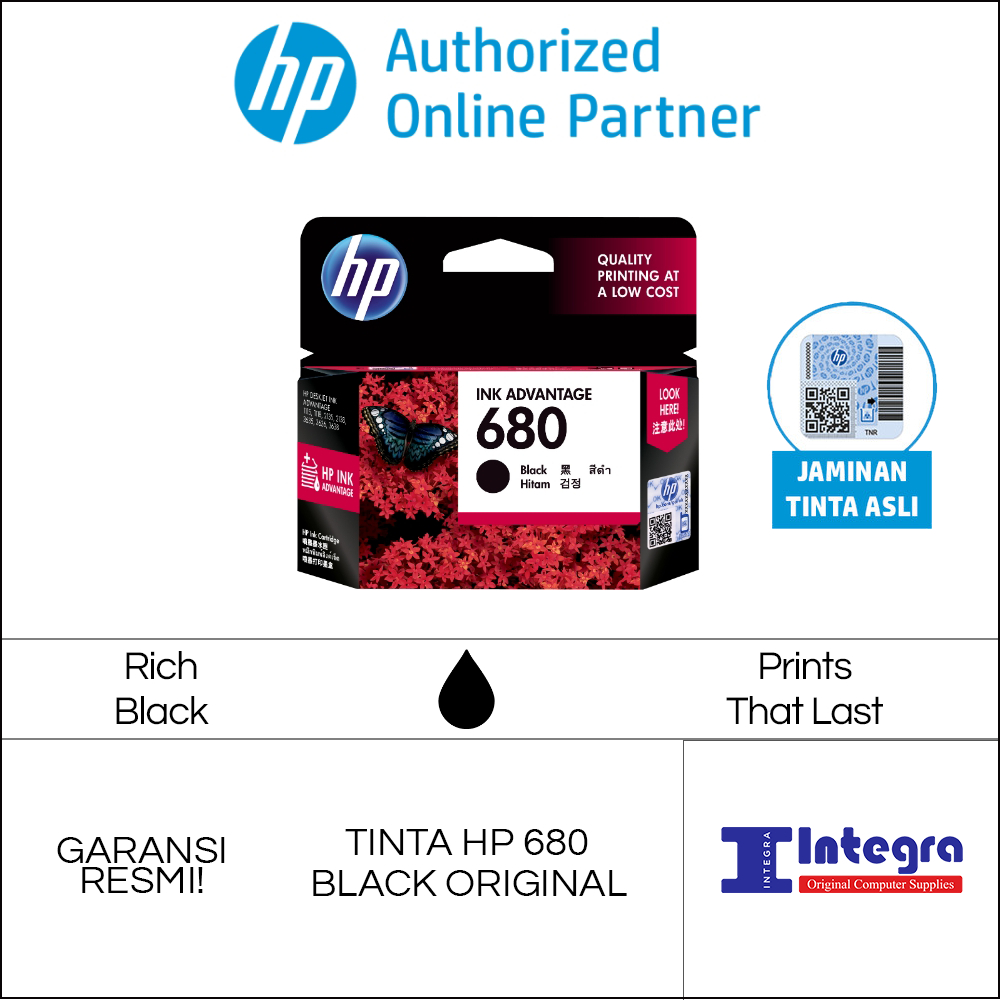 Tinta HP 680 Black Original Cartridge - F6V27AA DeskJet 2135 2677 5276