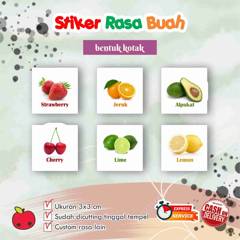 

Stiker cromo rasa makanan / rasa buah / label makanan kotak uk 3 x 3 cm