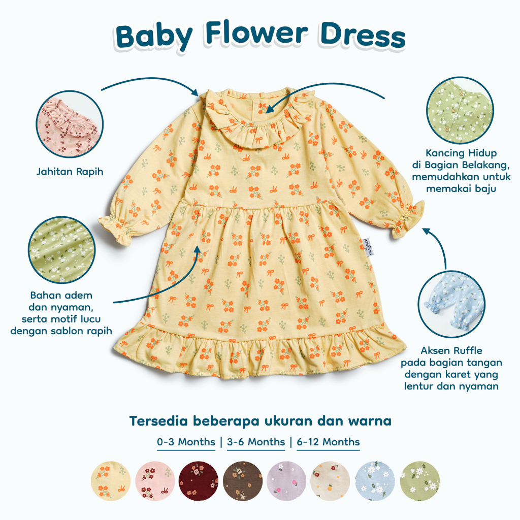 Nice Kids - Baby Flower Dress Bunga Lengan Panjang Anak Bayi (Tunik Bayi 0-12 Bulan)