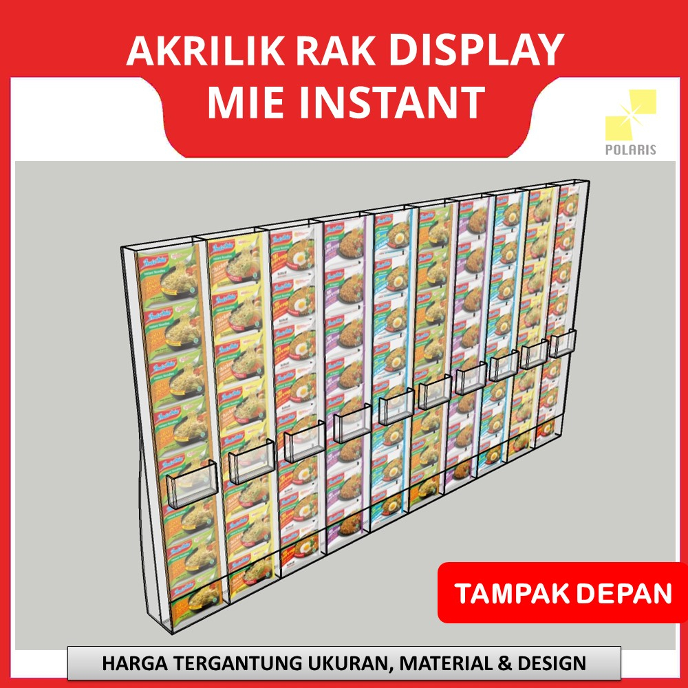 RAK ACRYLIC WARMINDO DISPLAY MIE INSTANT RAK INDOMIE - AKRILIK TEMPAT MI 10 SLOT UKURAN 145x12x80 CM