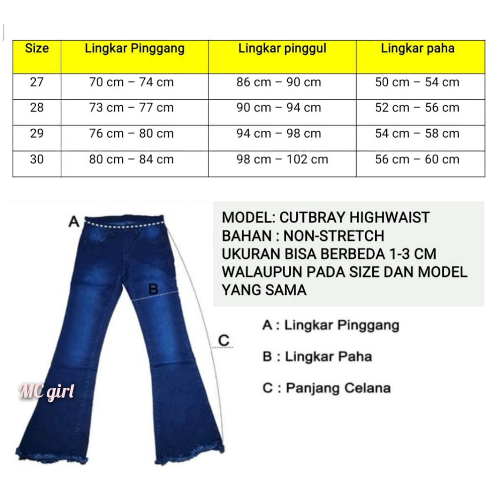 ( Size 27 - 30 ) MC girl - Celana Jeans Cutbray Highwaist Kancing 2 Warna Snow Wanita / High Waist Cutblay Kancing 2 / Celana Denim Pinggang Tinggi Kaki Lebar Cewek / Kaki Besar / Kaki Gede