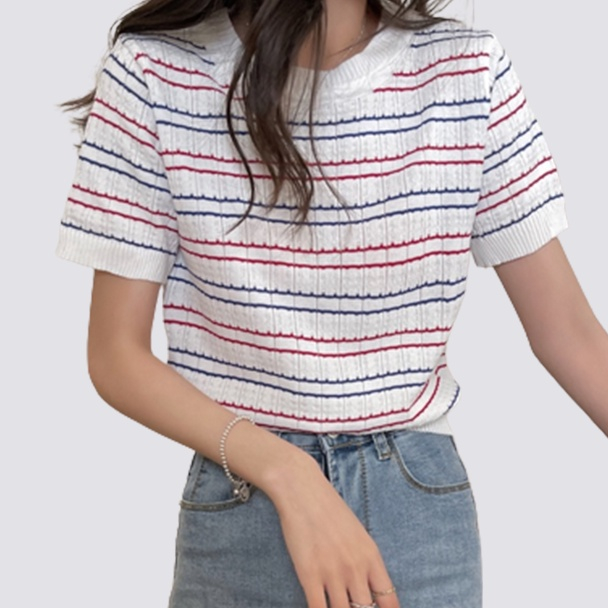 XIAOZHAINV Korean Style Knit Stripe Kaos Atasan Wanita 3203