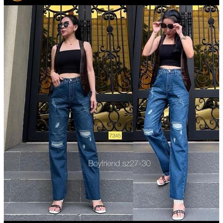 #7345 BOYFRIEND RIPPED JEANS WANITA IMPORT SOBEK LAPIS