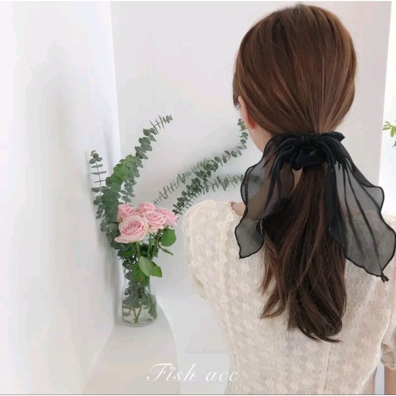 Ikat Rambut Scrunchie Jurai Panjang Model Korea Bahan Kilap Ikat Rambut Karet Model Pita Panjang / Scrunchie Kelinci Gaya Korea