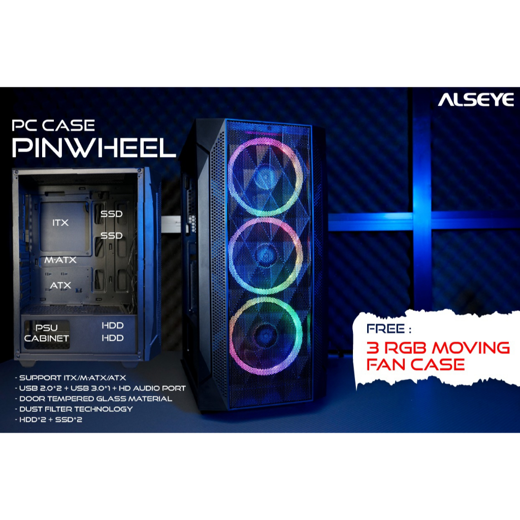 Alseye Pinwheel Casing Komputer Gaming M ATX include 3Fan RGB