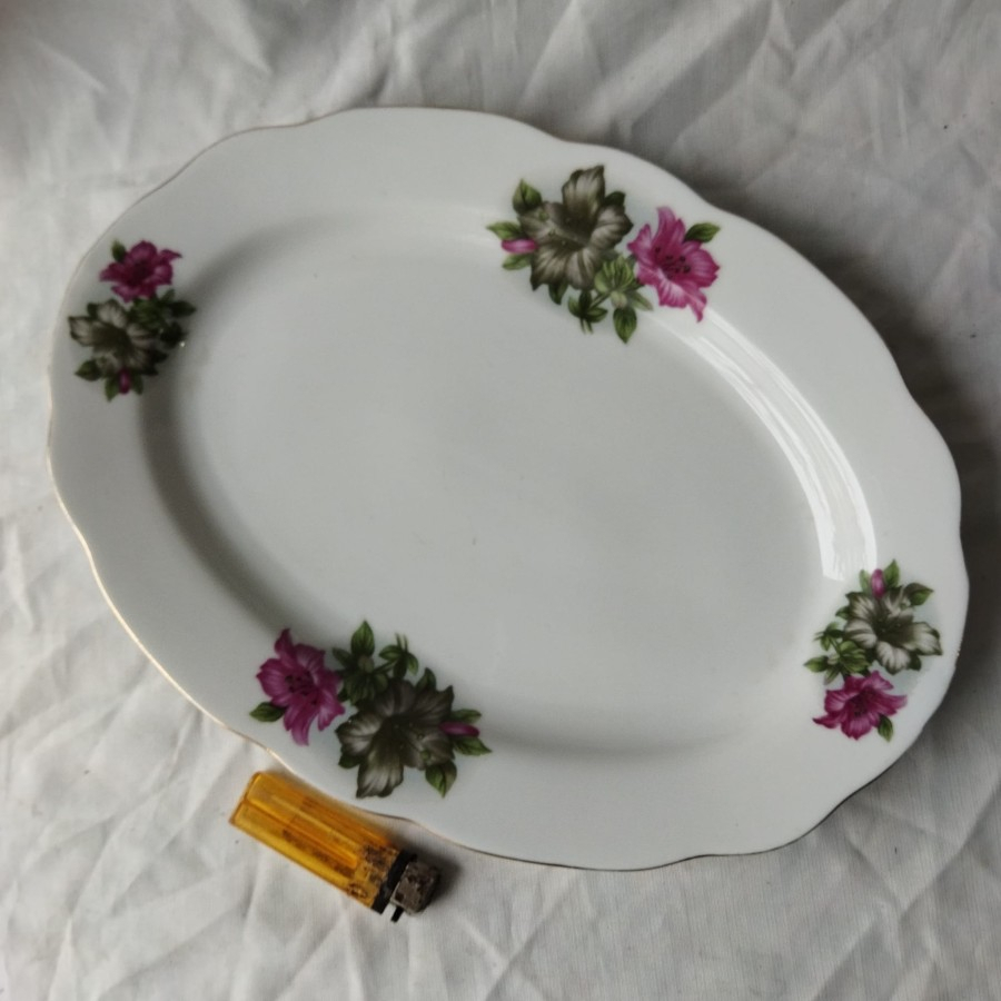 Pajangan Vintage Piring Oval Lodor Keramik Bunga Kangkung
