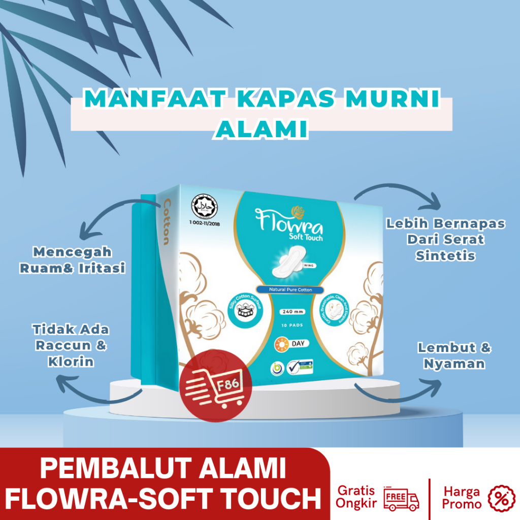 Flowra Soft Touch, Pembalut Kapas Murni, Halal, Halus Lembut &amp; Tipis