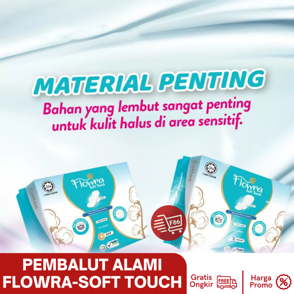 Flowra Soft Touch, Pembalut Kapas Murni, Halal, Halus Lembut &amp; Tipis