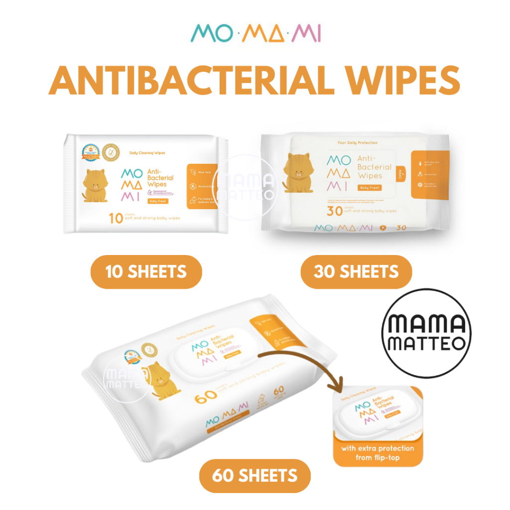 MOMAMI Baby Antibacterial Wipes 10 30 60 sheets / Tisu Tissue Basah Bayi Anti Bakteri Anti Alkohol size kecil travel / besar