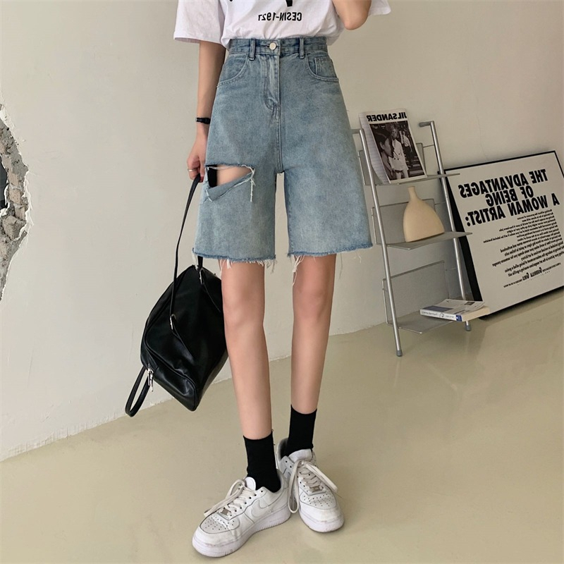 Biru Highwaist Robek Celana Pendek Jeans Wanita Korean Kekinian