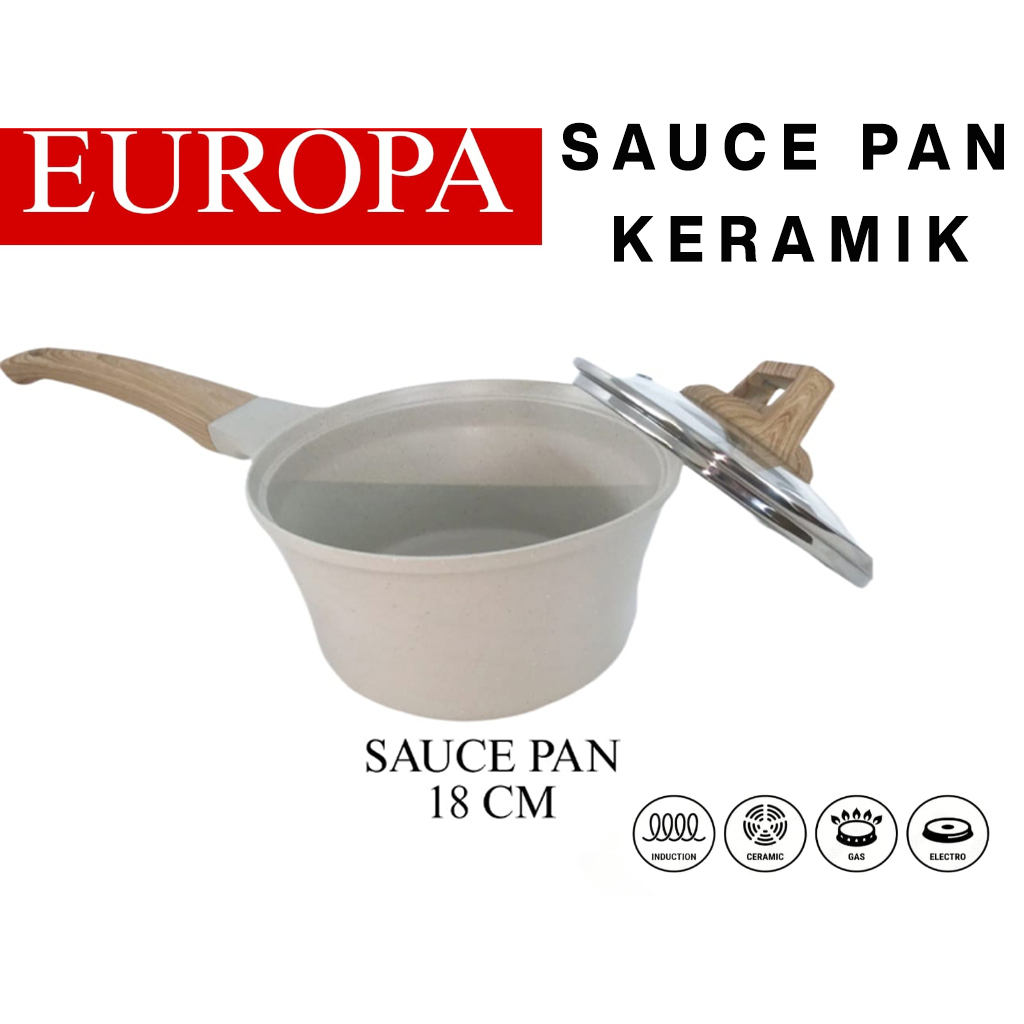 Sauce pan europa Keramik ceramic coating PFOA FREE EUROPA Sauce Marble 18 Cm Panci Susu Anti Lengket + Tutup Kaca - Cream saucepan panci susu keramik