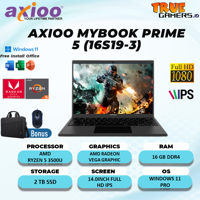 Laptop Axioo Mybook PRIME 5 (16S19-3) RYZEN 5 3500U 16GB 2TBSSD W10PRO 14.0FHD IPS TKDN