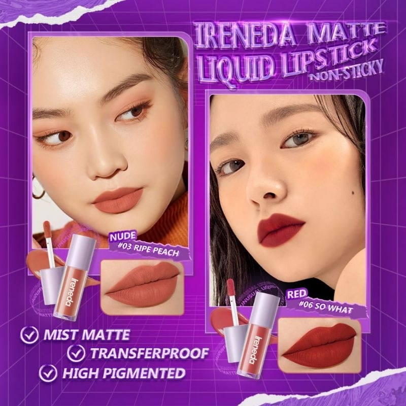 ORIGINAL IRENEDA IR03 Matte Liquid Lipstick Waterproof | Matte Lipstik Tahan Air Lembut Tahan Lama Pelembab Pigmentasi