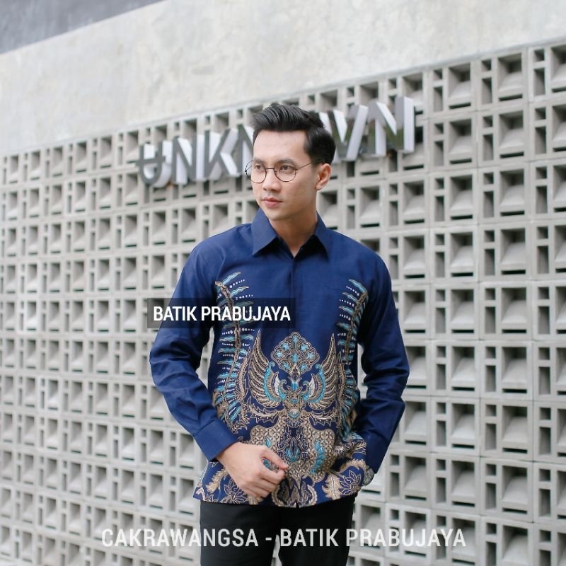 CAKRAWANGSA Kemeja Batik Pria Lengan Panjang Modern Premium Full Furing Katun Halus Biru Navy