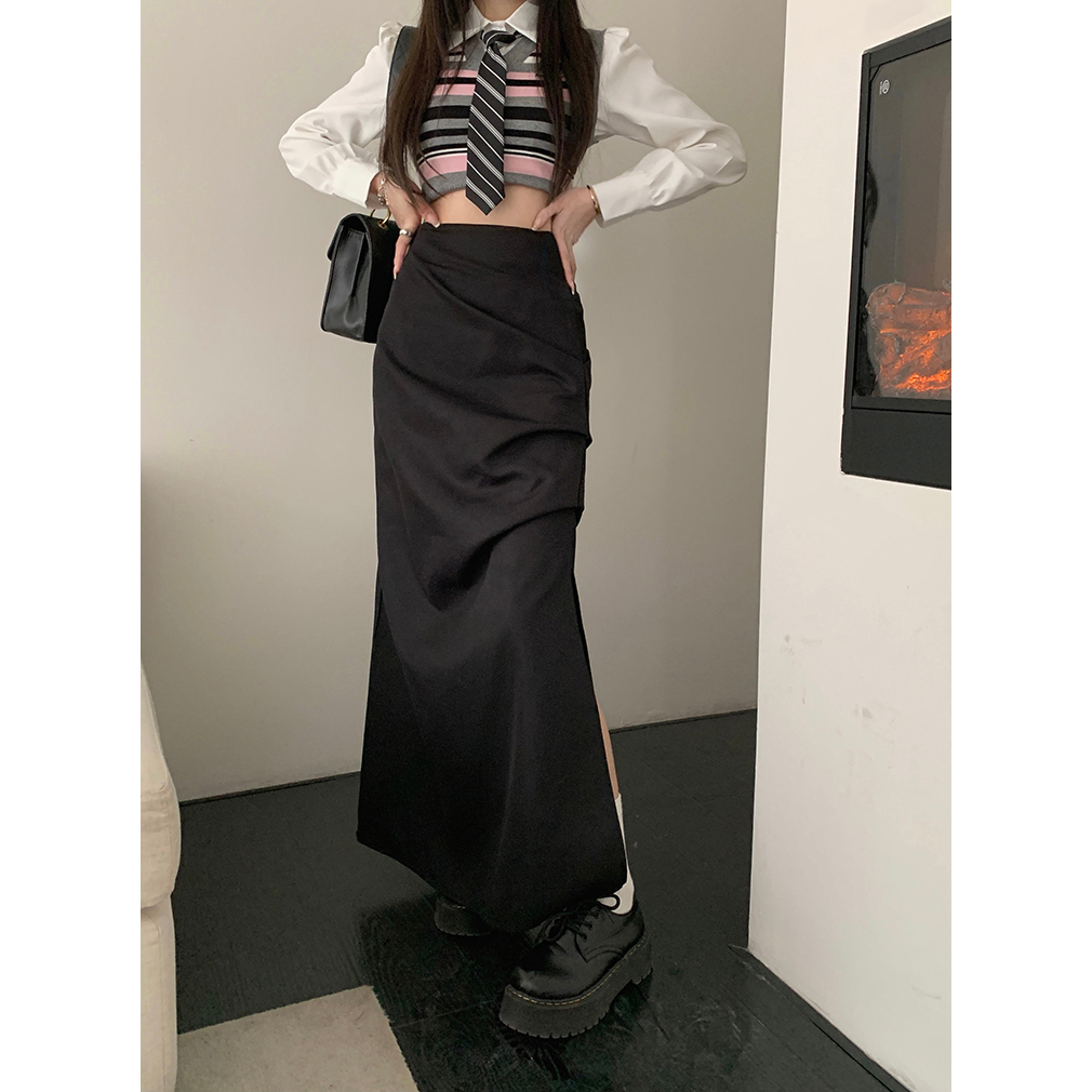 Skirt Korean Style Split High Waist Rok Plisket Panjang Polos