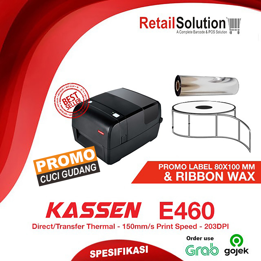 Printer Barcode Label 203 DPI USB - Kassen E460 / E-460 Garansi Resmi