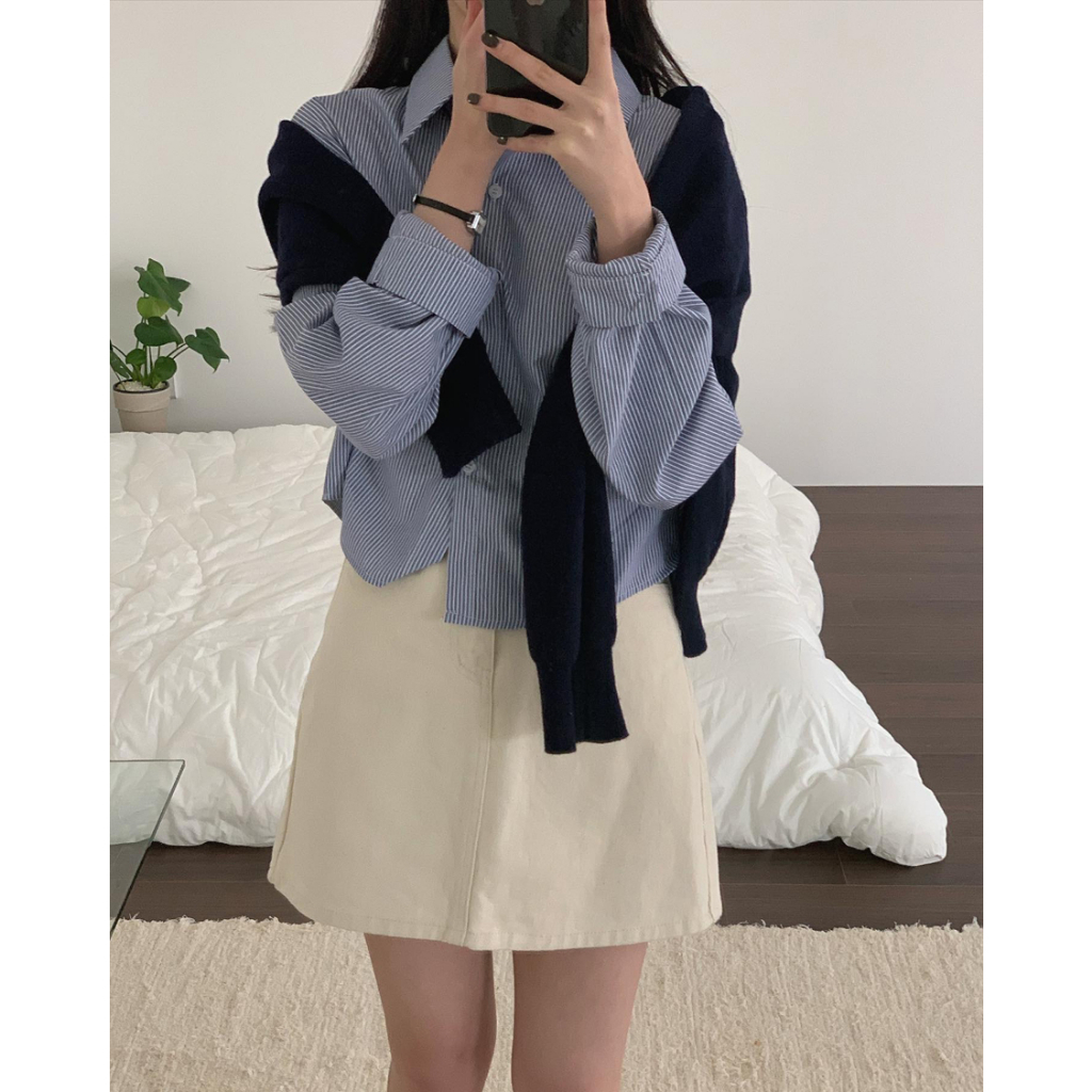 XIAOZHAINV Kemeja Bergaris Casual Longgar Lengan Panjang Wanita Korean Style 0771