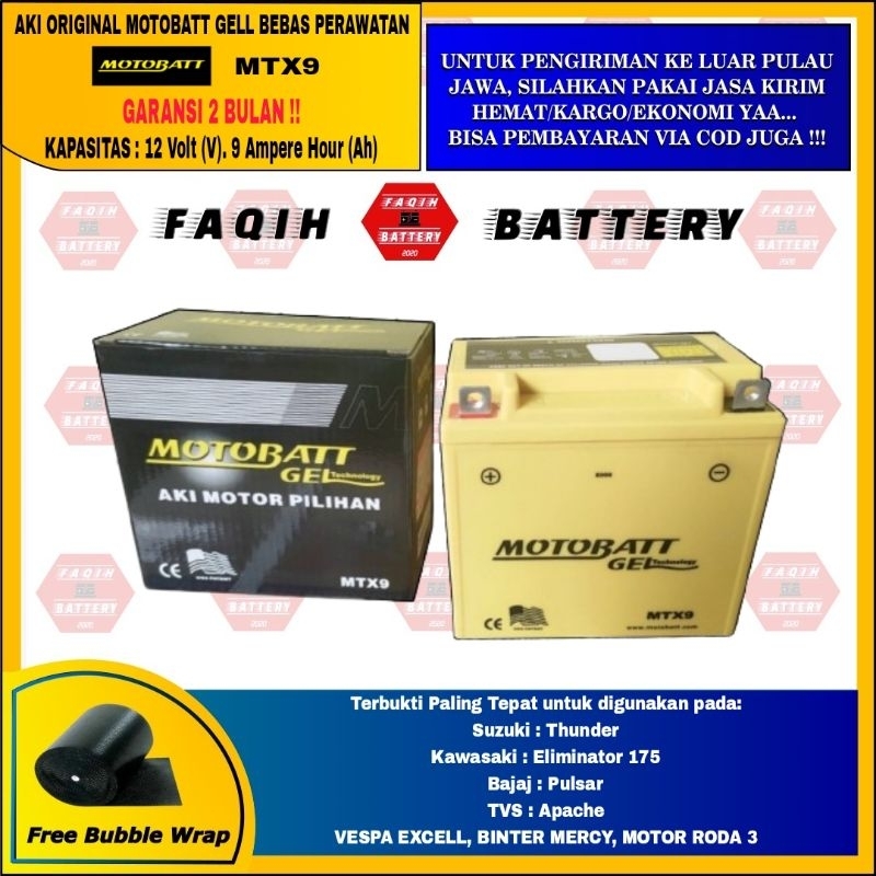 AKI MOTOR BAJAJ PULSAR 180 MOTOBATT MTX9 AKI KERING/AKI GEL