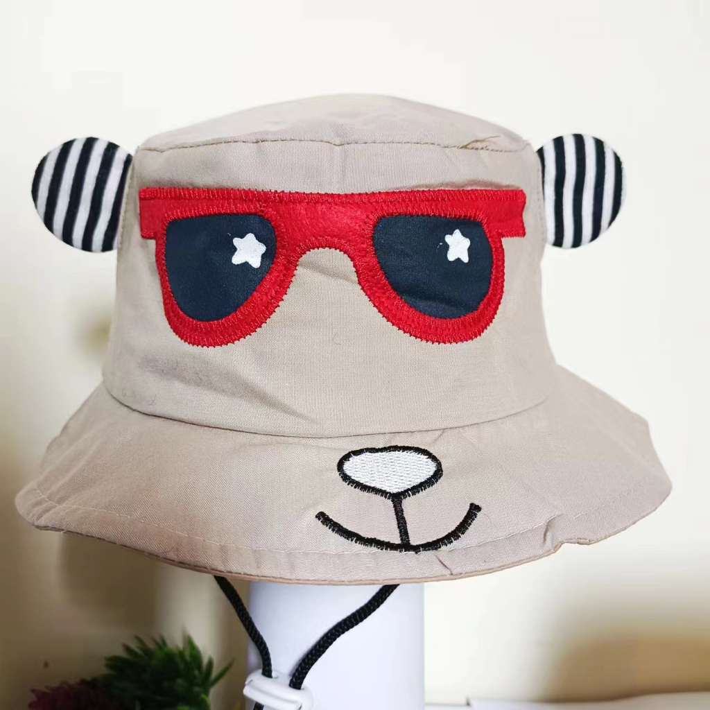 (Hello Girl)MZ39 Bucket Hat Topi Balita Umur 2-6 Motif Kaca Mata Beruang Gaya Korea Import