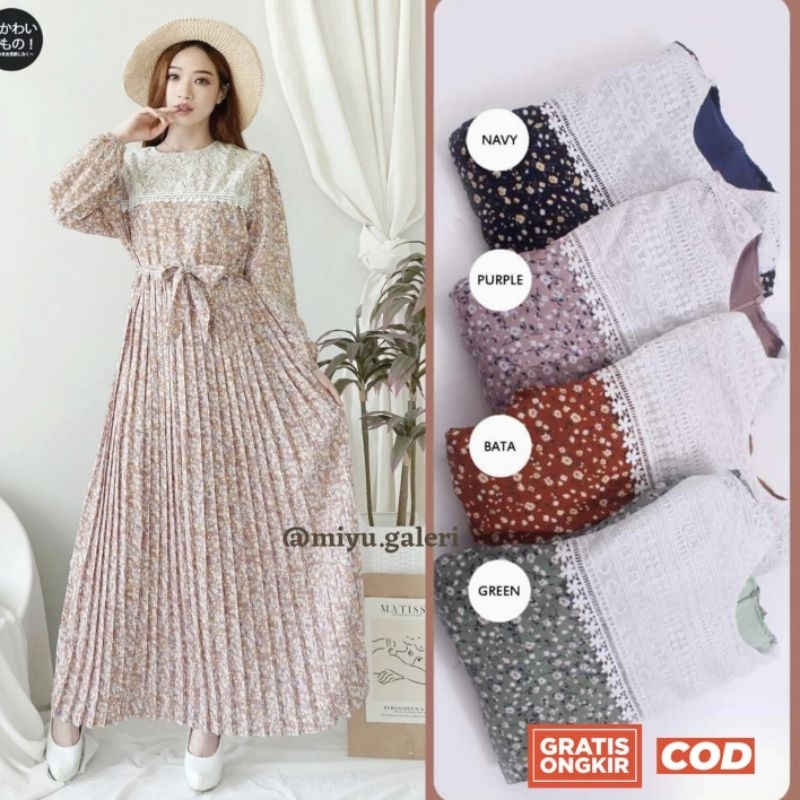 Siena Dress Gamis Plisket Wolfis Hanami Premium Import mix Brukat vintage cottagecore putih terbaru 