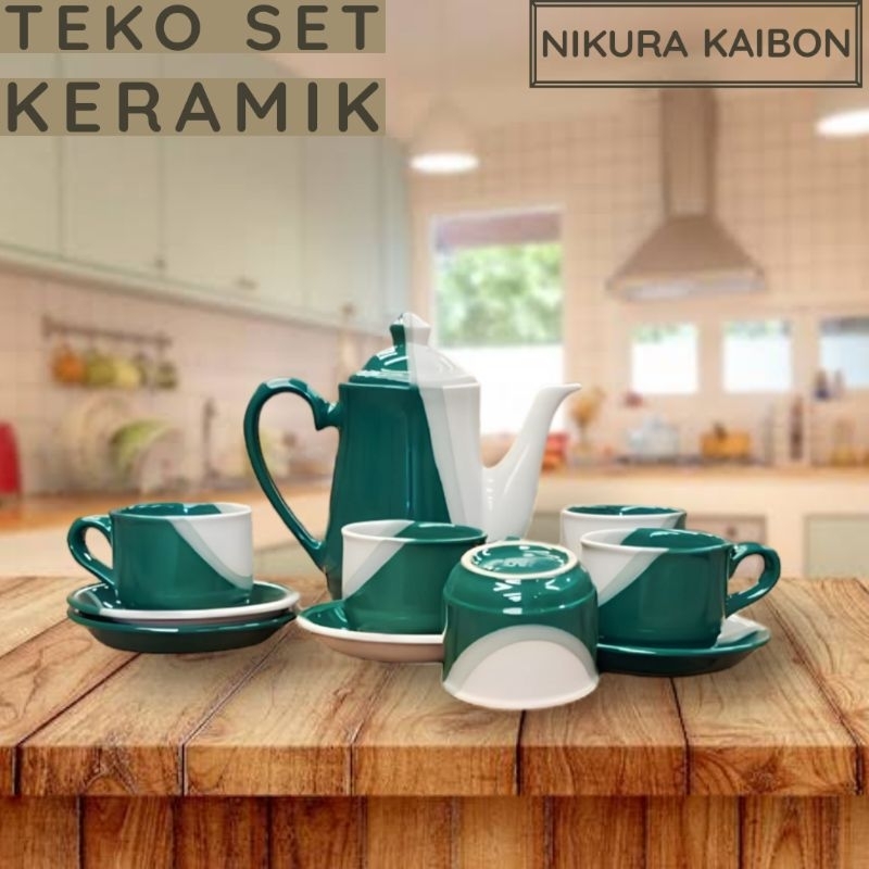 TEKO SET KERAMIK | TEA SET KERAMIK TWOTONE / POLOS (isi 5 cangkir, 5 lepek, 1 teko tutup)
