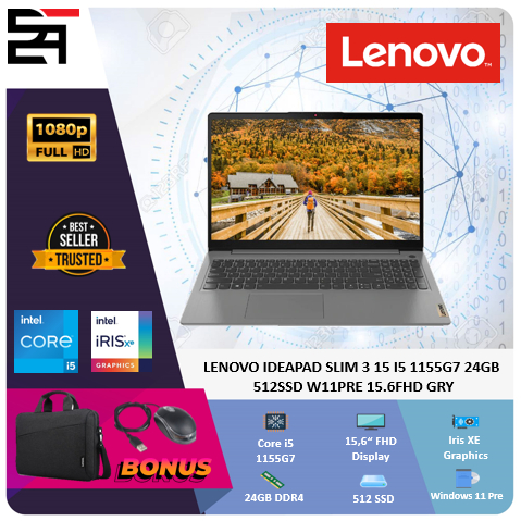 Lenovo Ideapad Slim 3 15 Core i5 1155G7 24GB 512SSD Windows 11 Pre 15.6 Inchi Full HD