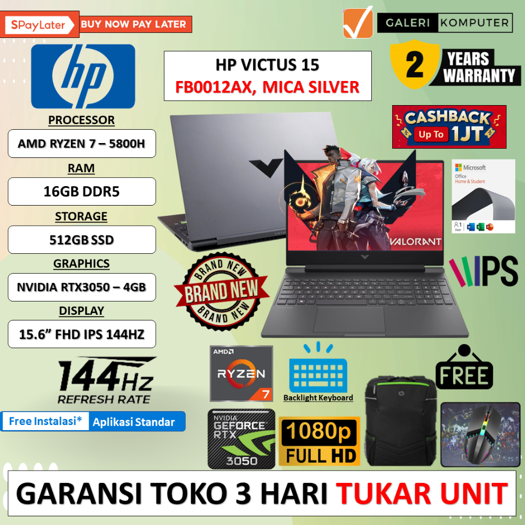 LAPTOP GAMING HP VICTUS 15 AMD RYZEN 7 - 5800H 16GB 512GB RTX3050TI-4GB 15.6&quot; FHD IPS 144HZ WINDOWS 11 HOME