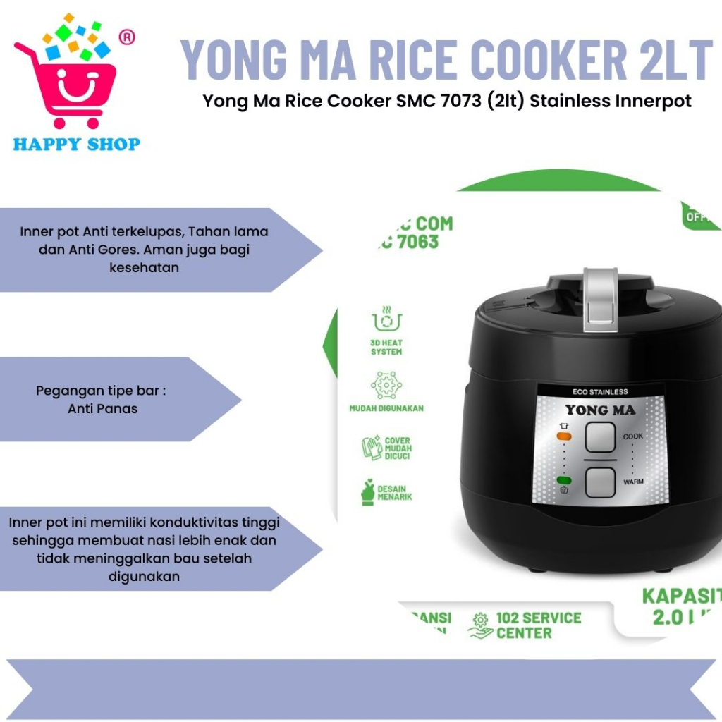 Yong Ma Rice Cooker SMC 7073 (2lt) Stainless Innerpot