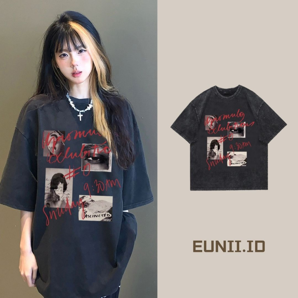 EUNII T-shirt Lengan Pendek Black Washed Vintage Postcard  Printing Korean Style/Kaos Atasan Wanita/Baju Wanita/Kaos Wanita