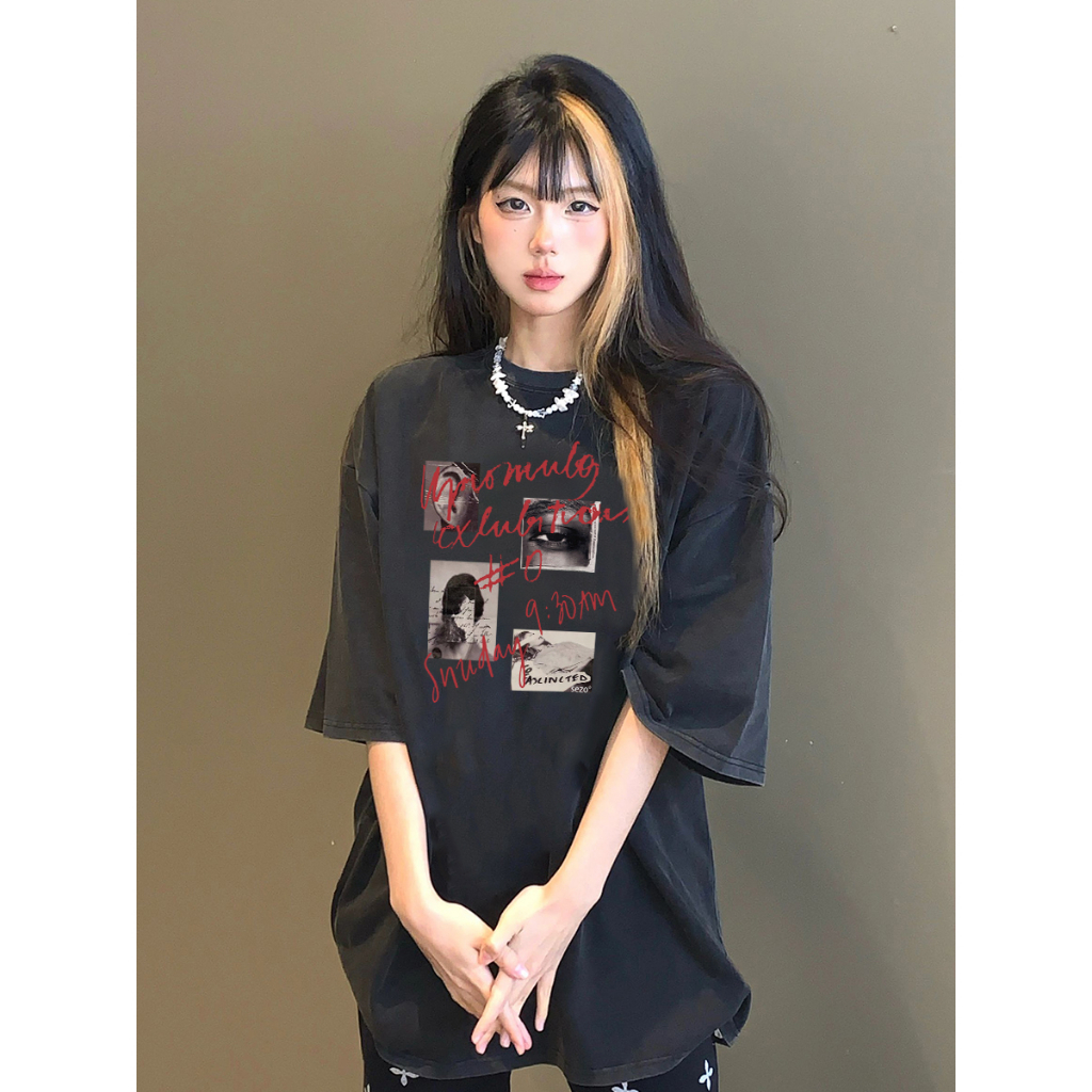 EUNII T-shirt Lengan Pendek Black Washed Vintage Postcard  Printing Korean Style/Kaos Atasan Wanita/Baju Wanita/Kaos Wanita